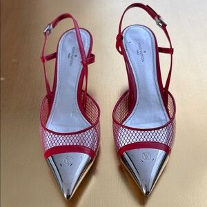 Louis Vuitton Red and Silver Mesh Heels